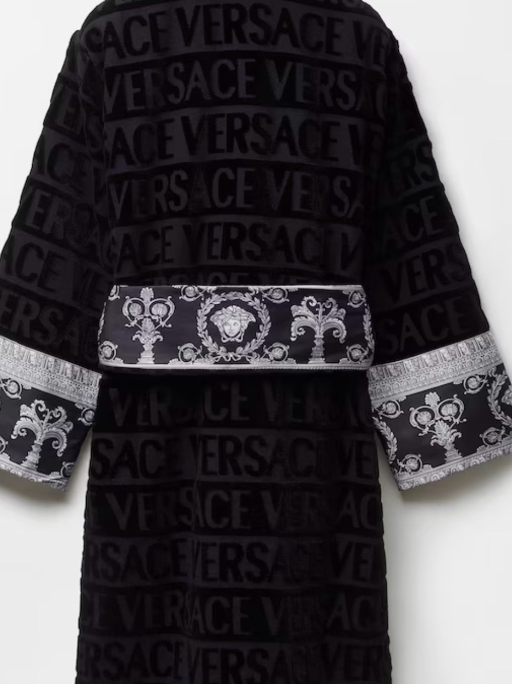 Versace Black and Silver Plush Logo Robe with Barocco Trim